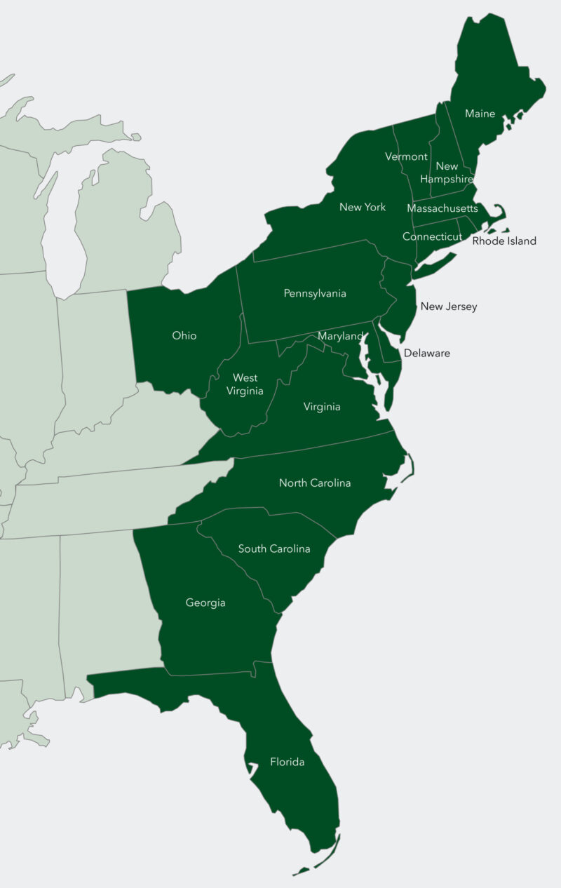 map of the East Coast highlighting states A&E Construction services in green